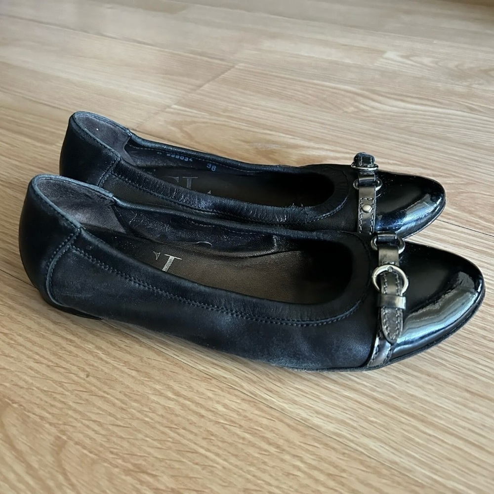 Agl Black Leather Silver Monika Cap Toe Ballet Flats Women’s 38/8